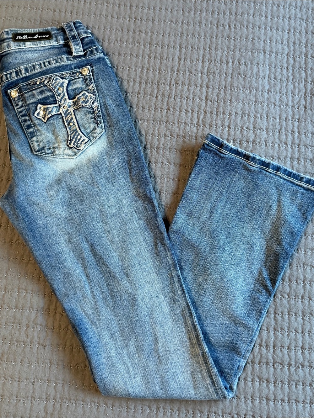 Bedazzled Jeans Cross Rhinestone Pocket Stella In Dreams Bootcut wmns 7/28